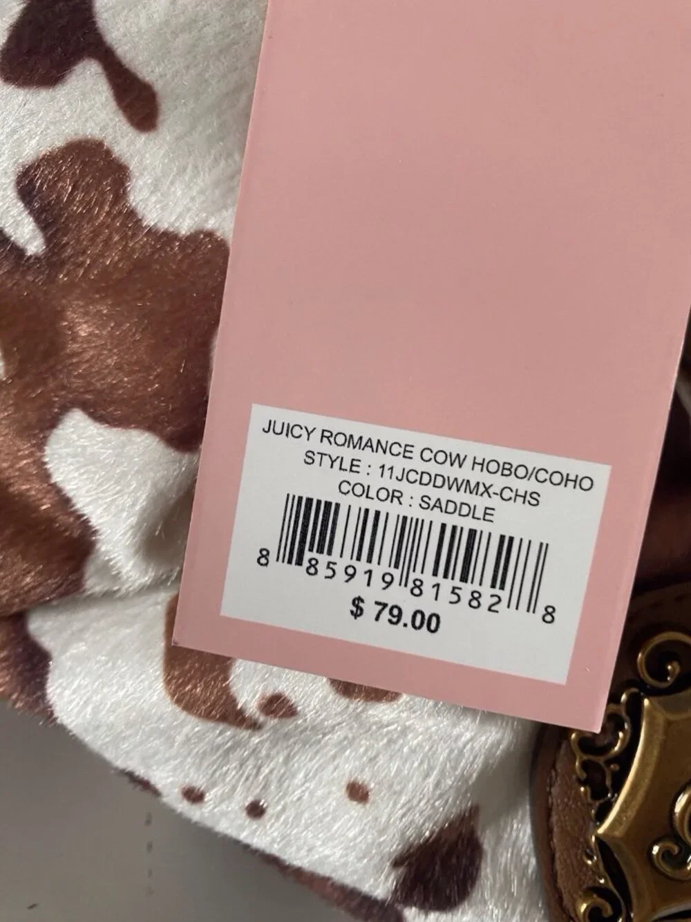 Juicy Couture‎ Romance Cow Print Hobo Coho Bag Saddle White W/Charm Viral NEW